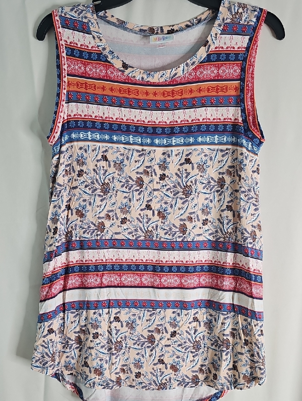 LuLaRoe Floral & Stripe Sleeveless Tank - Blue, Red, Cream